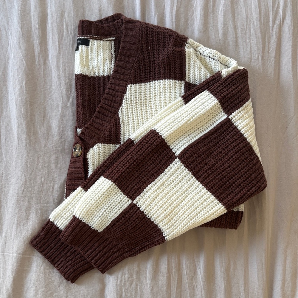 Love Tree Brown and Cream Checkered Cardigan
